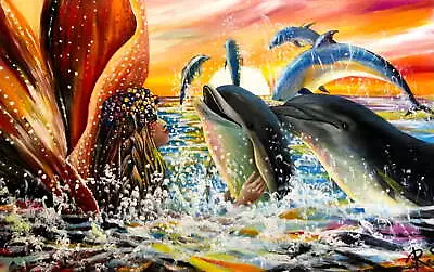 Large Mermaid Painting. Original Large Ocean Sunset Splash Painting.rita Sherifi • $899