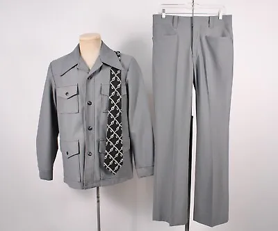 Mens VTG 70s 2 PC Light Blue Grey Polyester Leisure Suit W Tie Sz 40 1970s Disco • $166.92