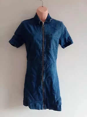 Women's Denim & Co Size Uk 10 Blue Denim Zip Front Short Sleeve Casual Dress • £13.99