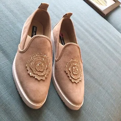 Karl Lagerfeld Women Embellished Cyra Tan Suede Leather Slip-On Sneakers W Stain • $18.90