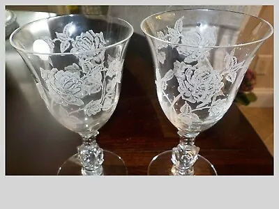 Vintage Heisey Rose Etched Crystal Water /Wine Goblets Set Of 2 Stemware Barware • $18