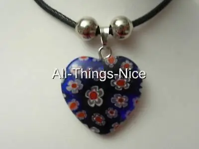 MILLEFIORI Murano Flower Glass 20mm HEART Deep Blue Pendant Necklace Jewellery • £2