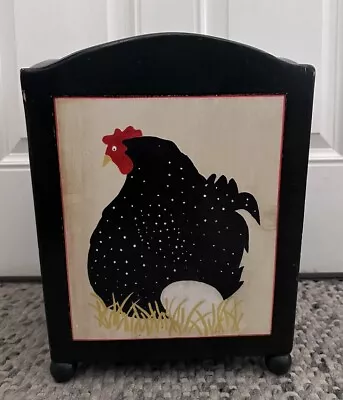 Vintage SQUARE Solid WOOD BUCKET HAND Painted  15x11” Black Chicken Hen Egg • $190