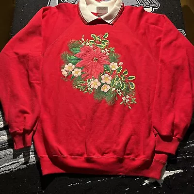 Christmas Wreath Holiday Sweatshirt Sweater Floral Collared 90s Hanes Size XL • $15