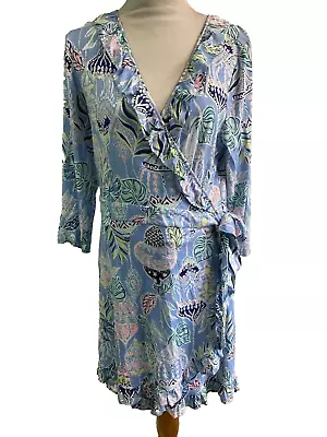 Lilly Pulitzer Jessalynne Romper Light Blue Ruffled Wrap Dress 3/4 Sleeve Xl • $48