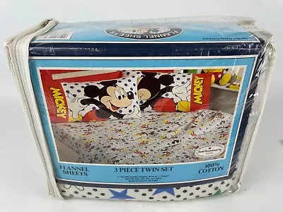 Vintage DISNEY By Franco Flannel Bed Sheet Set TWIN 3 Piece Mickey Mouse NOS • $30