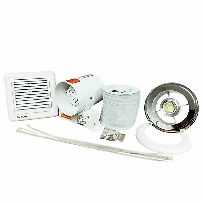 Shower Light Extractor Fan Bathroom Inline Chrome White Grille Timer 4  100m3/hr • £13.99