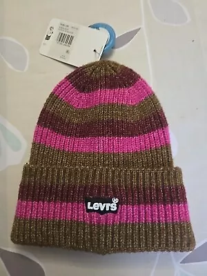 Authentic Levi's Brown Purple Pink Striped Knit Beanie With Logo One Size - New • £20