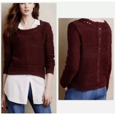 ANTHROPOLOGIE MOTH Womens Button Back Sweater M Medium Maroon Red Pullover • $19.99