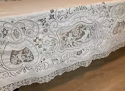 Antique Italian FIGURAL Point De Venice Hand Made Filet Lace Tablecloth 108x82 • $599