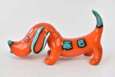 Dachshund Sausage Dog Trentham Pottery Orange & Blue Glaze Ornament Vintage • £19.99