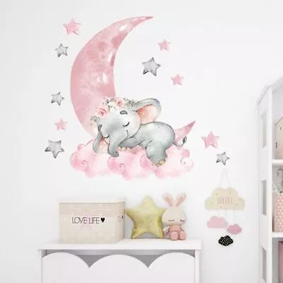 Baby Boy Elephant Sleeping Moon Wall Stickers Baby Nursery Room Decorations • £4.79