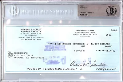 Vin Scully Signed Autographed Personal Check LA Dodgers #2682 1987 BGS Slabbed • $399.99