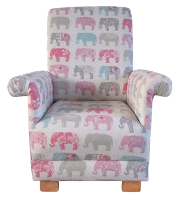 Children's Chair Kids Armchair Clarke Pastel Elephants Fabric Child's Pink Grey • £119.95