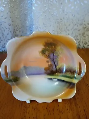 Vintage Noritake Maruki Marks Hand Painted Trinket Handled Dish Swan Lake Trees • $18