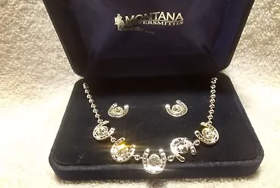 Montana Silversmiths Silver Horseshoes Sparkling Crystal Jewelry Set Vintage ECU • $54.99