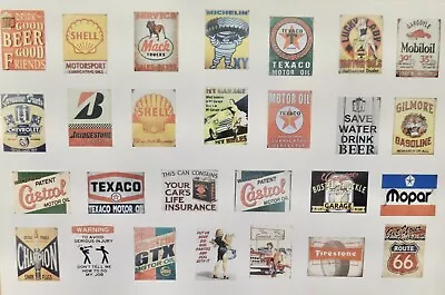 27 VINTAGE GARAGE SIGNS DECALS FOR GAS STATION Diorama (O) Scale • $14.95