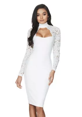 White Bridal Party Nookie Love Lace Choker Cut Out Open Bust MIDI Dress Nwts XS • $109.80