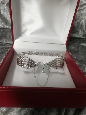 Vintage 6 Bar Gate Bracelet 925 Sterling Silver & Padlock Safety Chain • £69