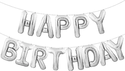 Silver Happy Birthday Balloons Banner 16 Inch 3D Silver Mylar Foil Birthday Let • $23.99