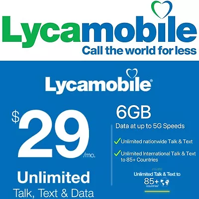 Lycamobile Sim With $29 Plan Unlimited Talk Text And Data(6GB High Speed Data) • $16.95