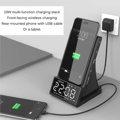 $83.34 • Buy LED Alarm Clock With Wireless Charging Dock Stand Bluetooth Speaker USB Fast