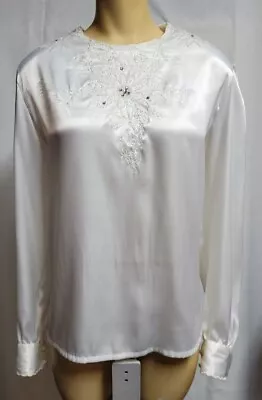 Vtg White Satin Top Shirt Blouse  Beaded Embroidered Size 12 Long Reglan Sleeve  • $20