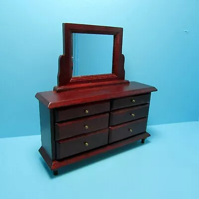 Dollhouse Miniature Wood Bedroom Dresser With Attached Mirror In Mahogany T3720 • $15.29