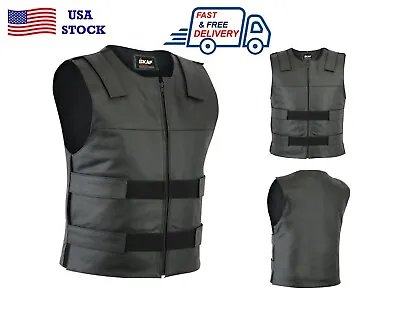 Men Bullet Proof Style Real Leather Vest SWAT Tactical Biker Moto Vest Black • $99.99