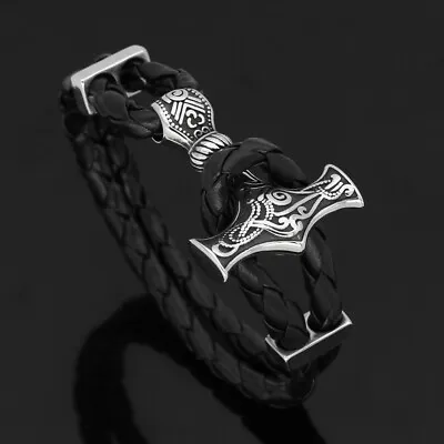 Men's Viking New Style Stainless Steel Thor Mjolnir Hammer Leather Cord Bracelet • $8.99