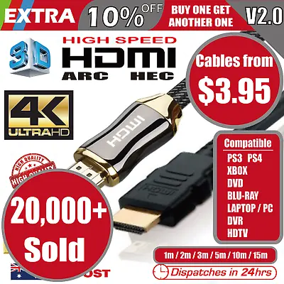 $3.95 • Buy Premium HDMI Cable V2.0 4K Ultra HD 3D High Speed Ethernet 1m 2m 3m 5m 10m 15m