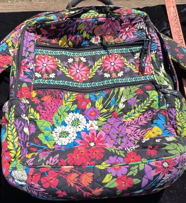 Vera Bradley Field Flowers Laptop Backpack Black Multicolored HTF VGUC • $80