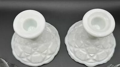 Pair Of Vintage Westmoreland Old Quilt Milk Glass Candle Sticks • $14.99