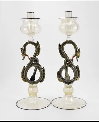 Rare Signed Barbini Cenedese Murano Glass Dragon 14” Candleholders Pair Serpent • $895