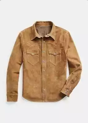 Light Brown 100% Real Goat Suede Leather Trucker Jacket Shirt - Western Jacket • $85