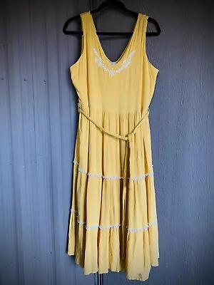 Joie Midi Dress Womens Gauzy Yellow Sleeveless Tiered Lined Belted Flowy Boho 12 • $20