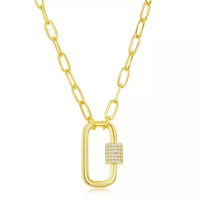 Micro Pave CZ Oval Carabiner Paperclip Necklace - Gold Plated • $113