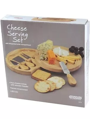 NEW! Cheese Serving Set Integrated Knife Compartment Cheese Board Box 4 Knives • £11.50