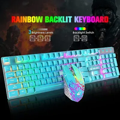$12.99 • Buy Computer Gaming Keyboard And Mouse Set With Rainbow LED Full Size USB Wireless