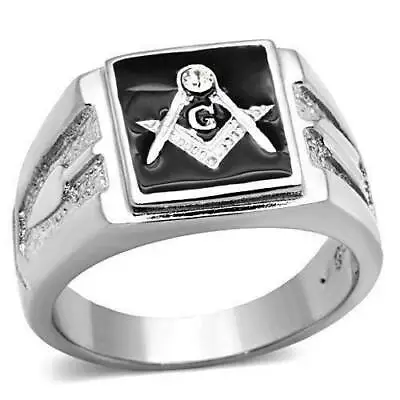 Mens Masonic Ring Signet Pinky Black Onyx Stainless Steel Cz Signet Pinky Silver • £19.99