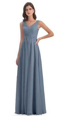 £75 • Buy Matilda A-line V-neck Straps Floor-Length Bridesmaid Dresses Dusty Blue