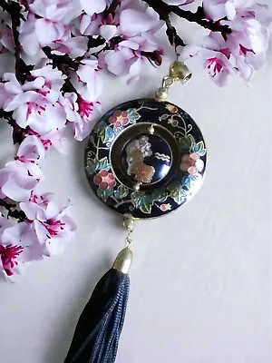 Vintage Chinese Enamel Cloisonne Pendant With Tassel Middle Moves Floral Border • $16