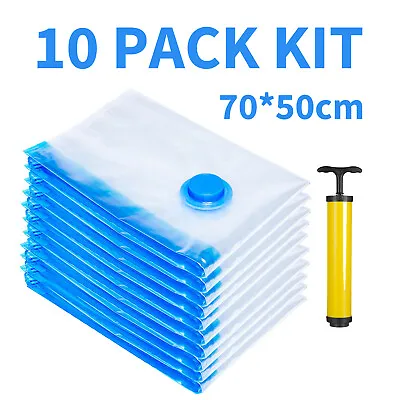 $15.89 • Buy 10 X Jumbo Vacuum Storage Bags Travel Space Saver Garment Seal Clothes Hand Pump