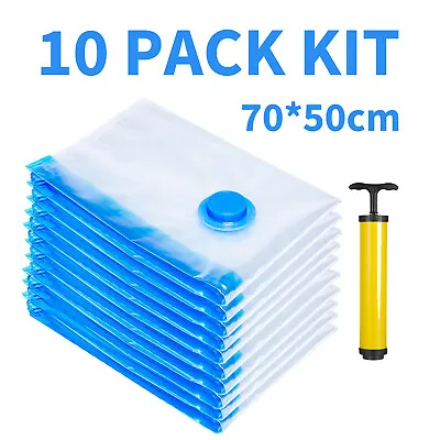 10 X Jumbo Vacuum Storage Bags Travel Space Saver Garment Seal Clothes Hand Pump • $15.95