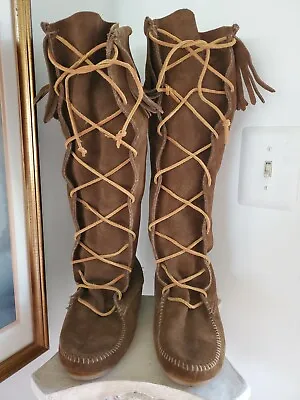 Minnetonka Suede Moccasin Boots. Brown W/Tassels. US Women Size 7.   16.5  High • $45