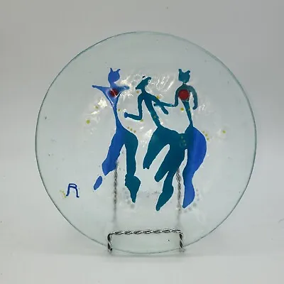 Vintage Ancient Fires Studio Art Glass Plate Signed Fused Dancing Women Blue • $29.99