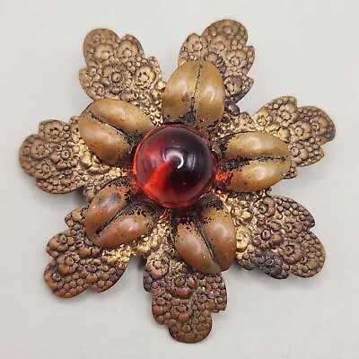 Antique Red Glass Marble Brooch Flower Repousse Brass C Clasp Safety Pin VtgRead • $29.95