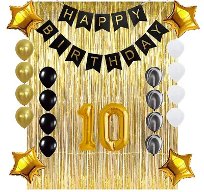 10th Birthday Gold & Black Balloon Party Decoration Supplies Banner Background • £11.58