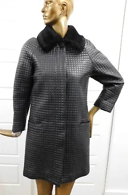 Istante By Versace Black Quilted Leather Faux Fur Collar Coat Sz 4 • $649.99