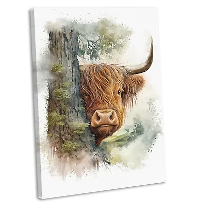 Shy Highland Cow Canvas Print Framed Watercolour Style Wall Art Picture No.2 • £17.99